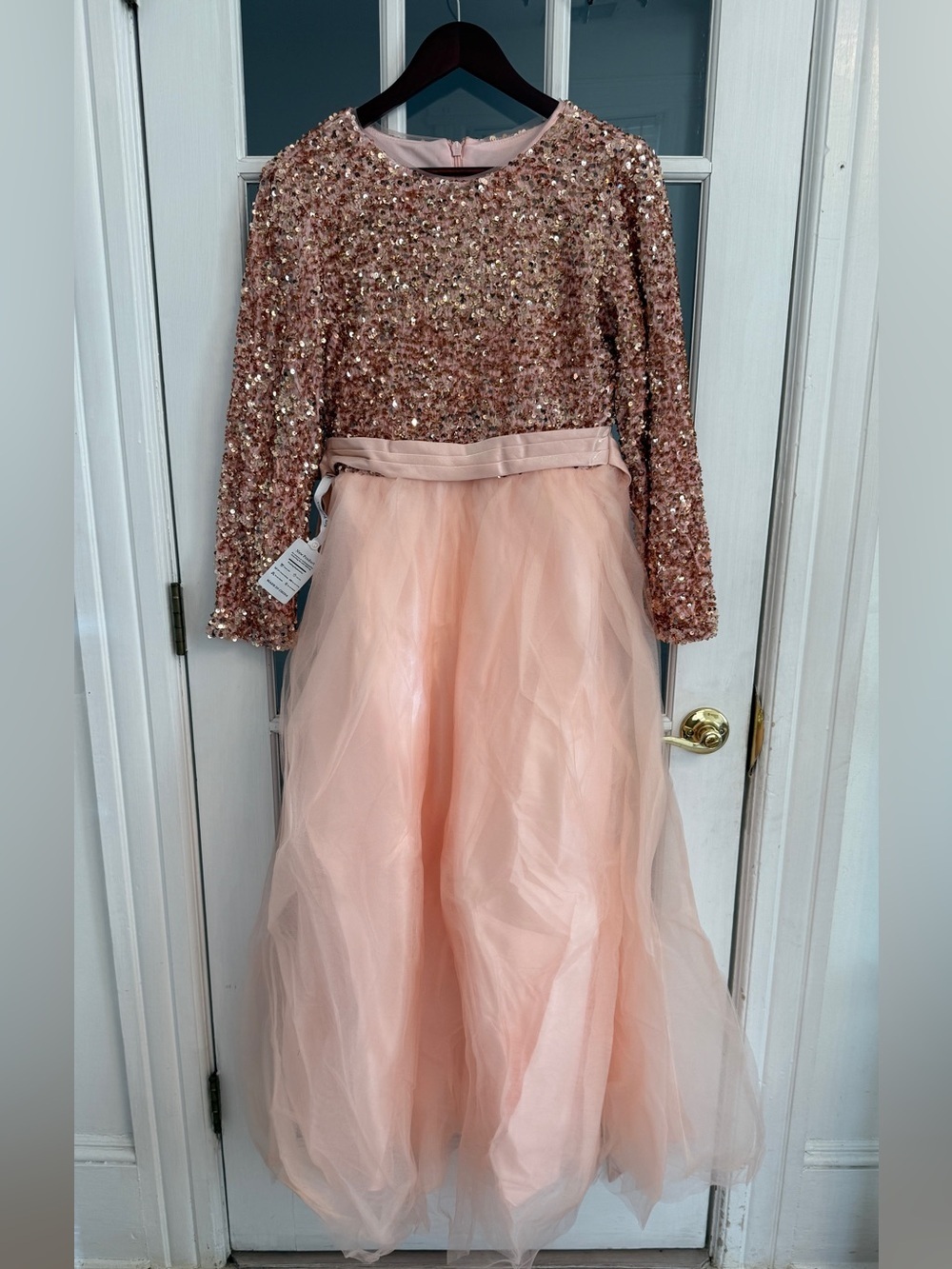 Women's Pink Sequin Long Sleeve Ribbon Tie Waist Tulle Skirt Dress Size M NEW